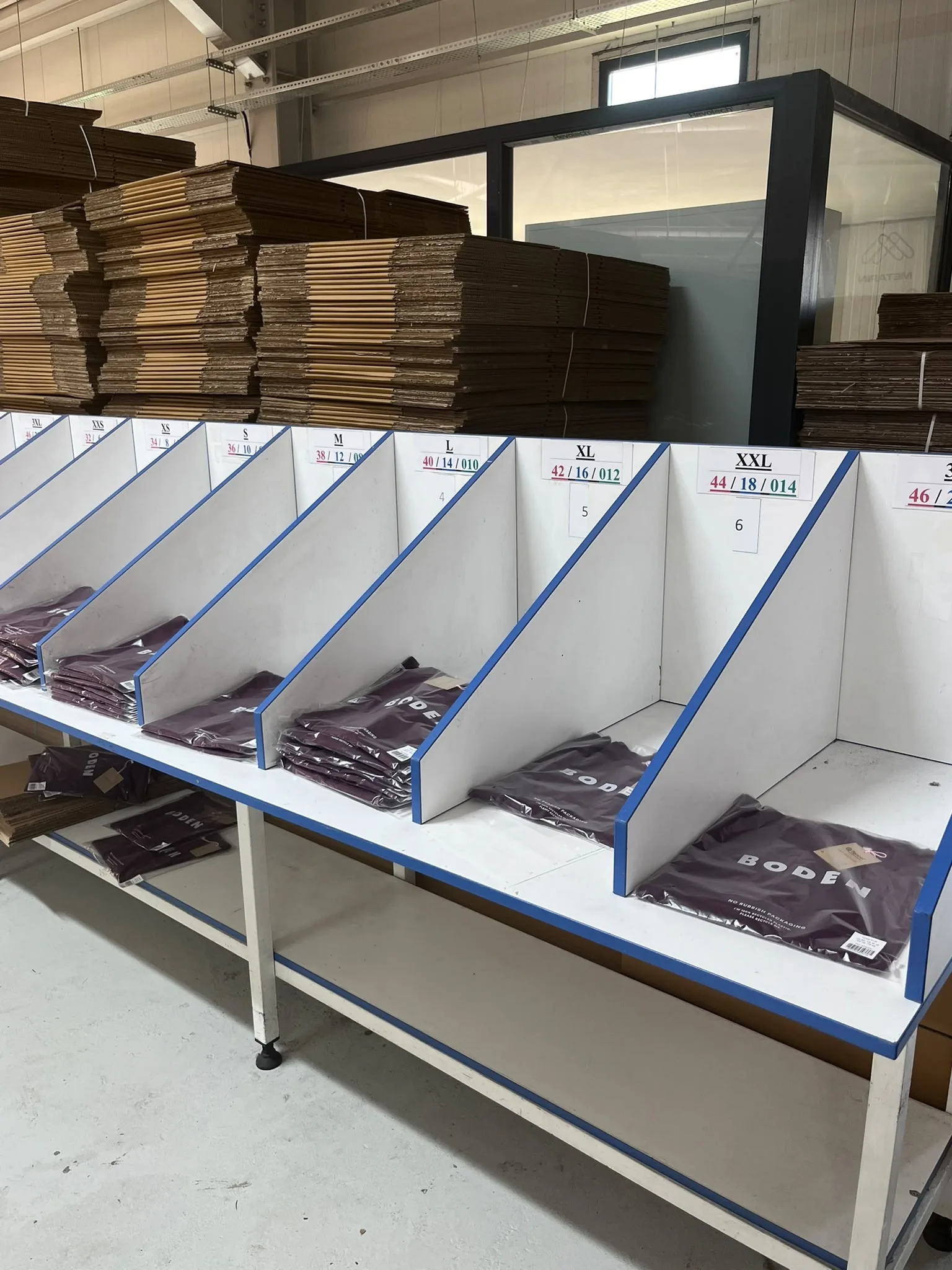 Paketleme bölmelerinde sıra sıra katlanmış ürünler, arkada üst üste koliler