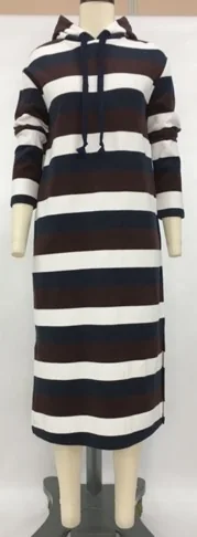 Sample of a striped hooded knit dress on a fitting mannequin